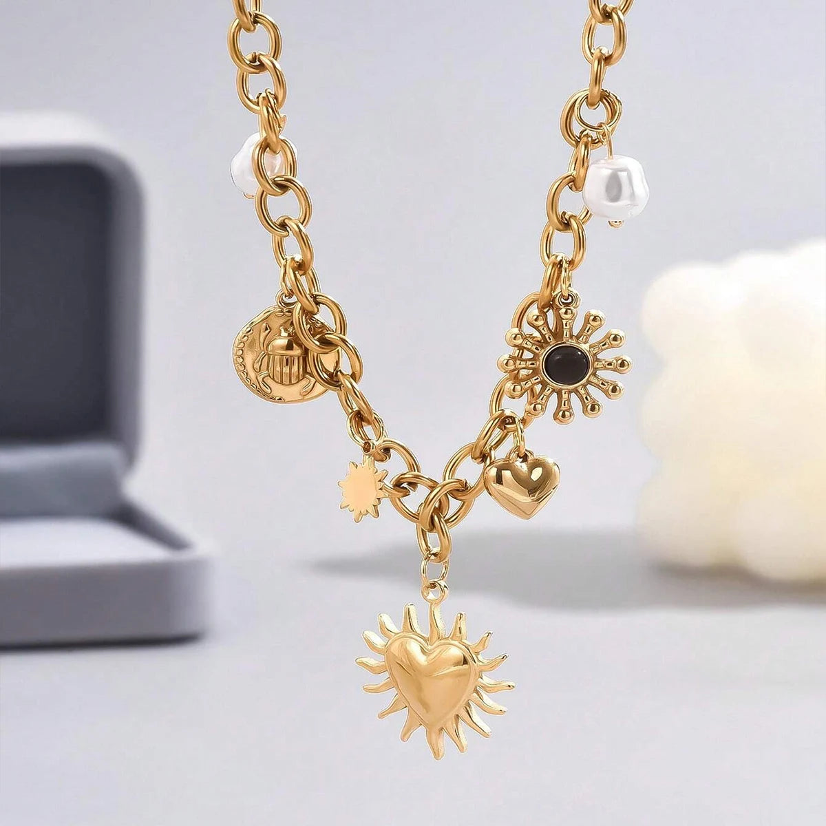Glamorous Gold Chunky Chain Necklace With Heart, Sun & Moon Charms