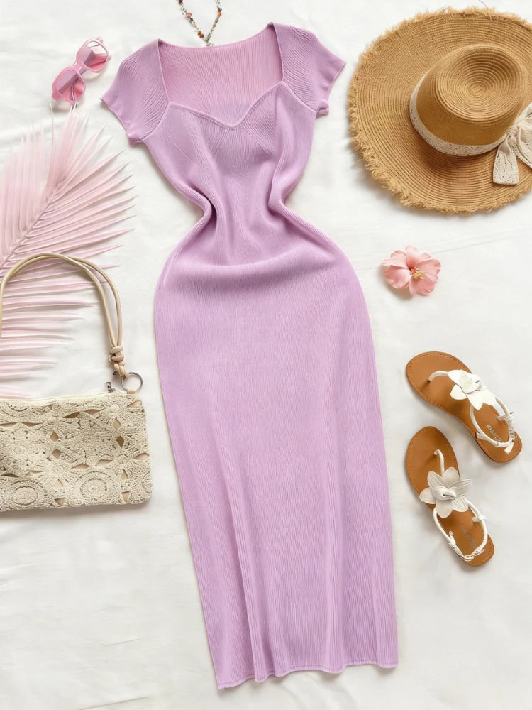 Purple Sexy Summer Knit Maxi Dress Women Short Sleeve Elastic Bodycon