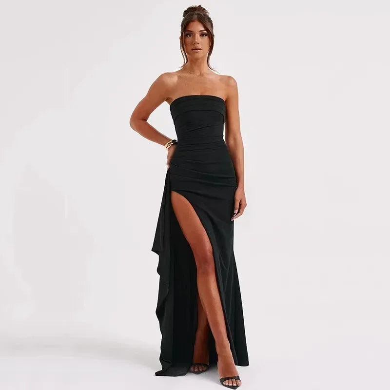 Strapless Backless High Split Maxi Dress For Women Black Off-shoulder