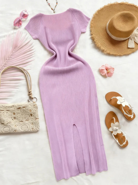 Purple Sexy Summer Knit Maxi Dress Women Short Sleeve Elastic Bodycon
