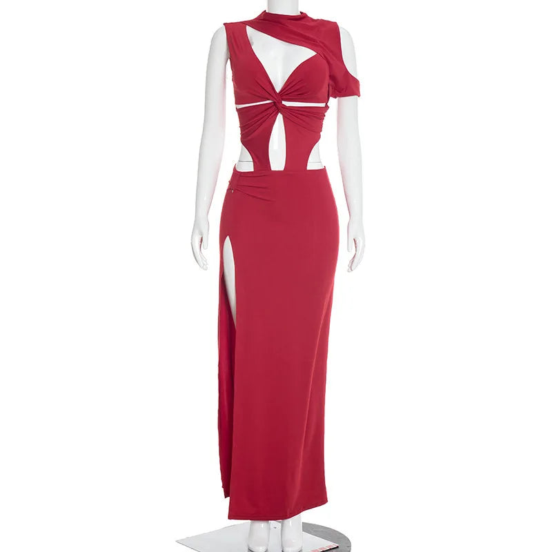 Women Solid Twist Hollow Out Patchwork High Split Bodycon Maxi Dress