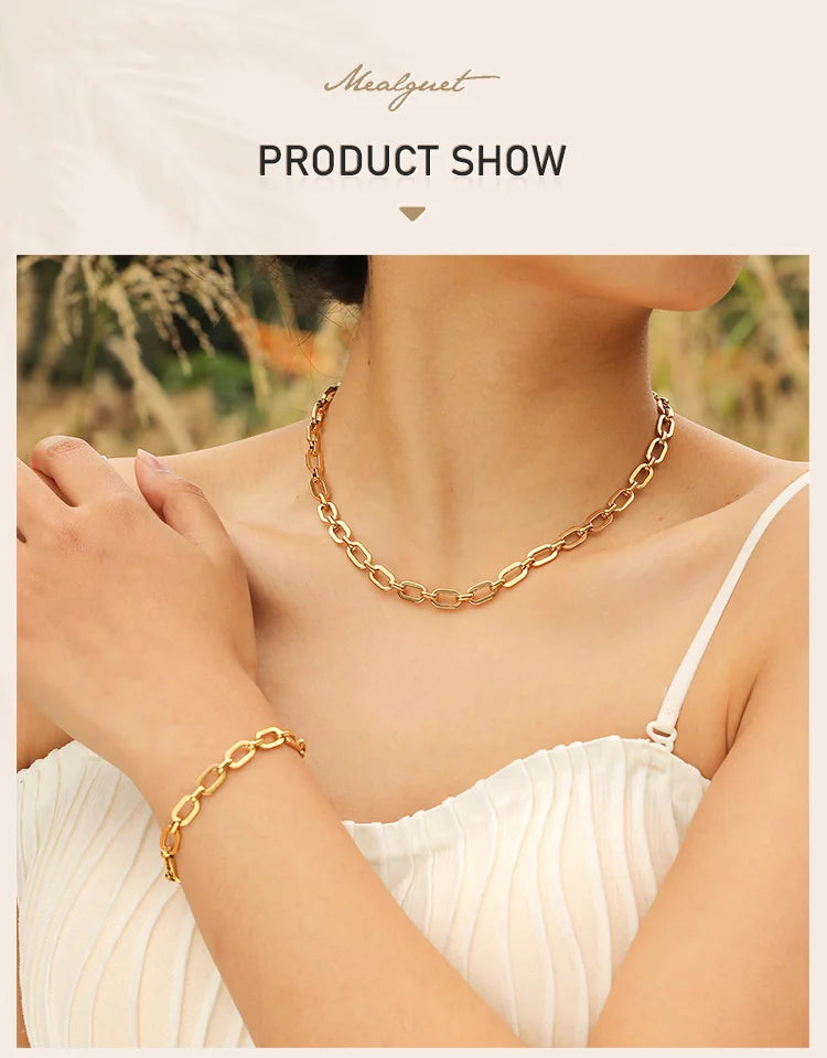 Chunky Gold Plated Link Necklace For Women, Stainless Steel Oval