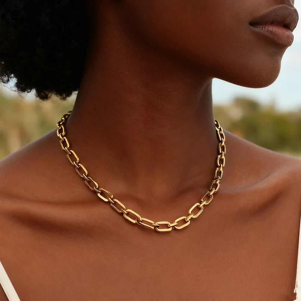 Chunky Gold Plated Link Necklace For Women, Stainless Steel Oval