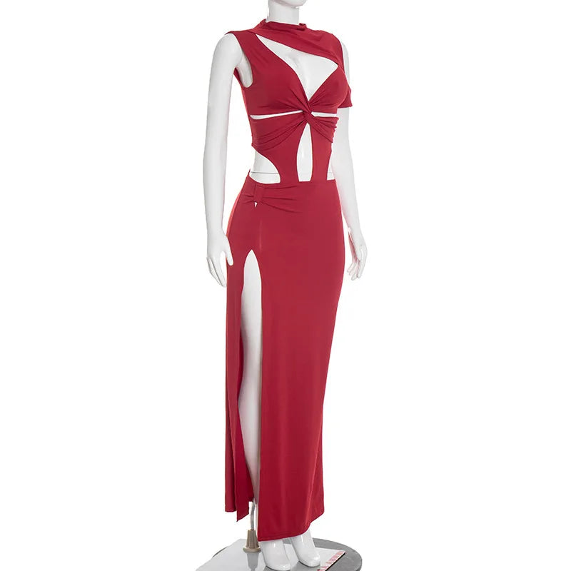 Women Solid Twist Hollow Out Patchwork High Split Bodycon Maxi Dress