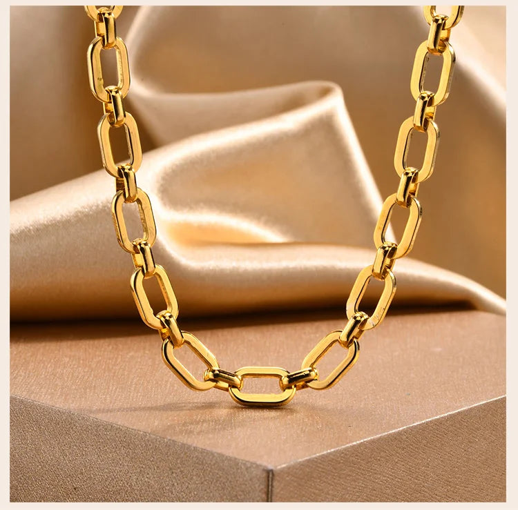 Chunky Gold Plated Link Necklace For Women, Stainless Steel Oval