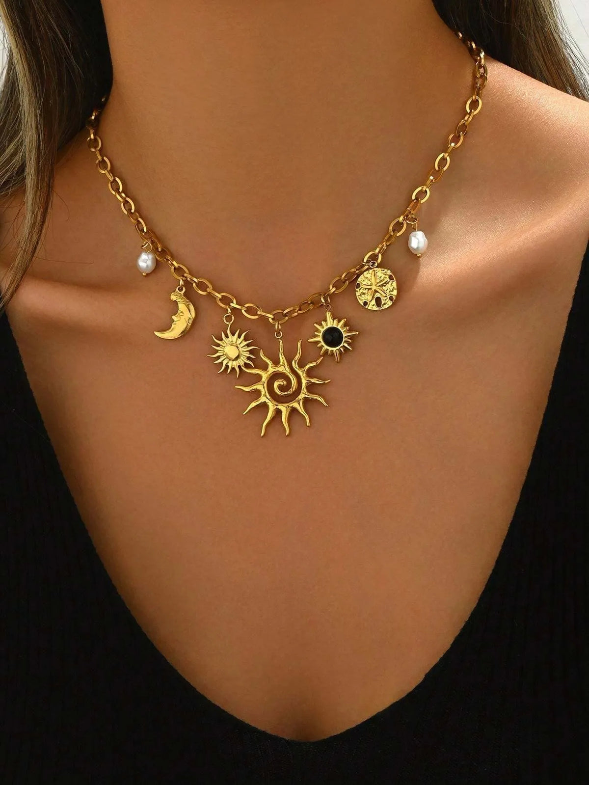 Glamorous Gold Chunky Chain Necklace With Heart, Sun & Moon Charms