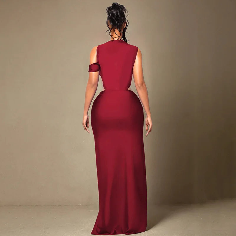 Women Solid Twist Hollow Out Patchwork High Split Bodycon Maxi Dress