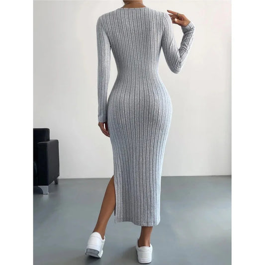 Women's Dresses Autumn French Plain Stripe Split Long Sleeve Scoop