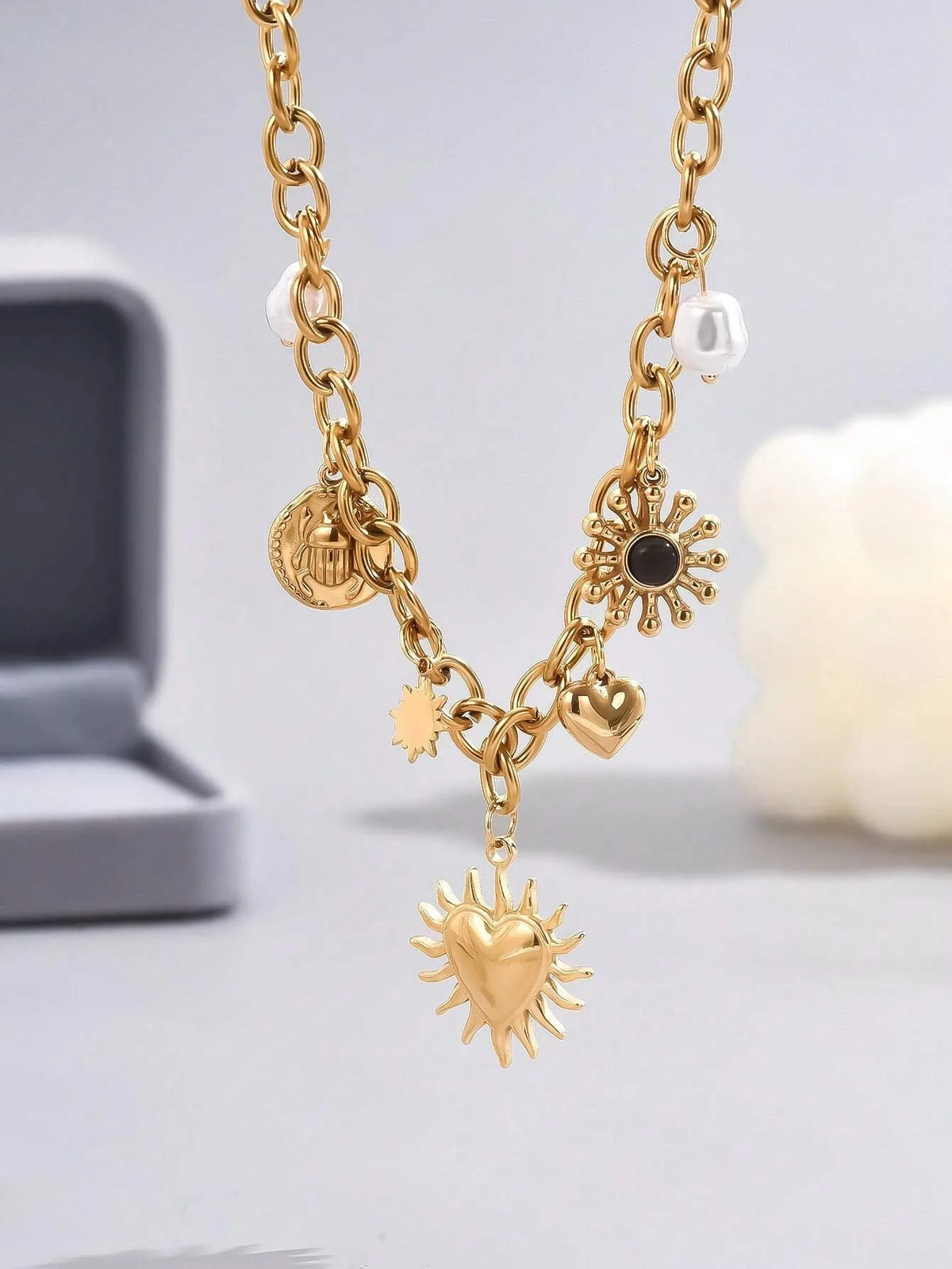 Glamorous Gold Chunky Chain Necklace With Heart, Sun & Moon Charms