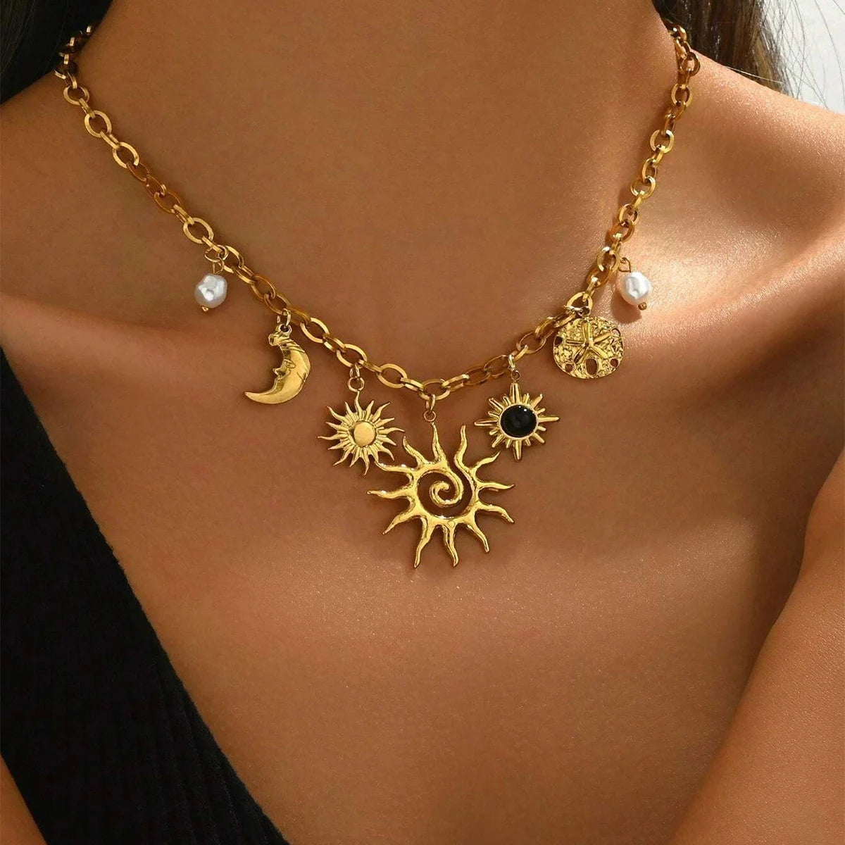 Glamorous Gold Chunky Chain Necklace With Heart, Sun & Moon Charms