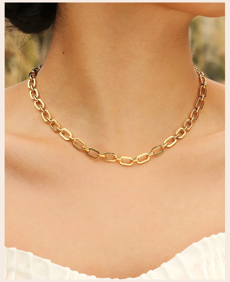 Chunky Gold Plated Link Necklace For Women, Stainless Steel Oval