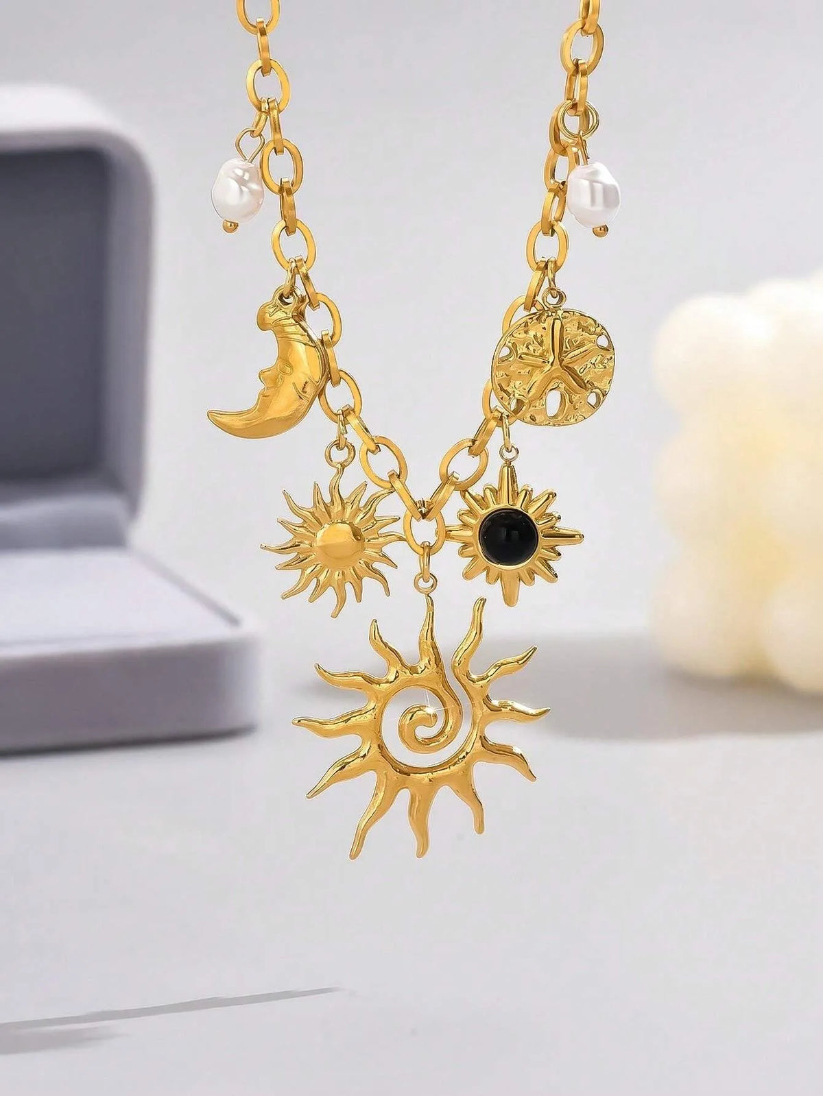 Glamorous Gold Chunky Chain Necklace With Heart, Sun & Moon Charms