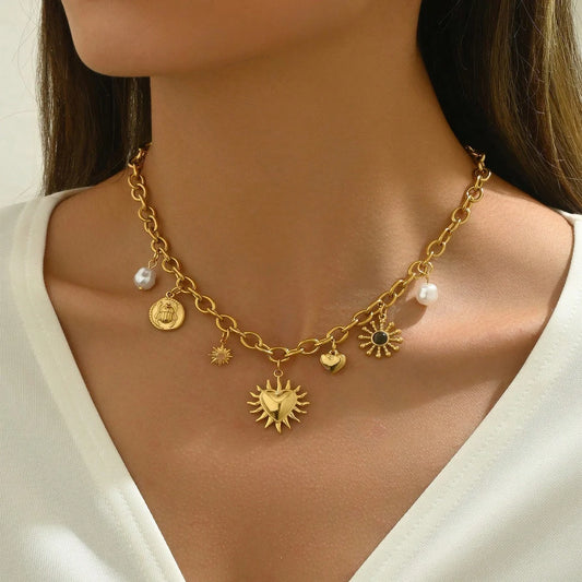 Glamorous Gold Chunky Chain Necklace With Heart, Sun & Moon Charms