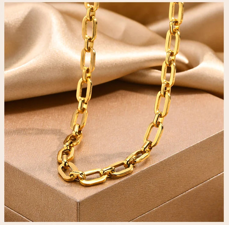 Chunky Gold Plated Link Necklace For Women, Stainless Steel Oval