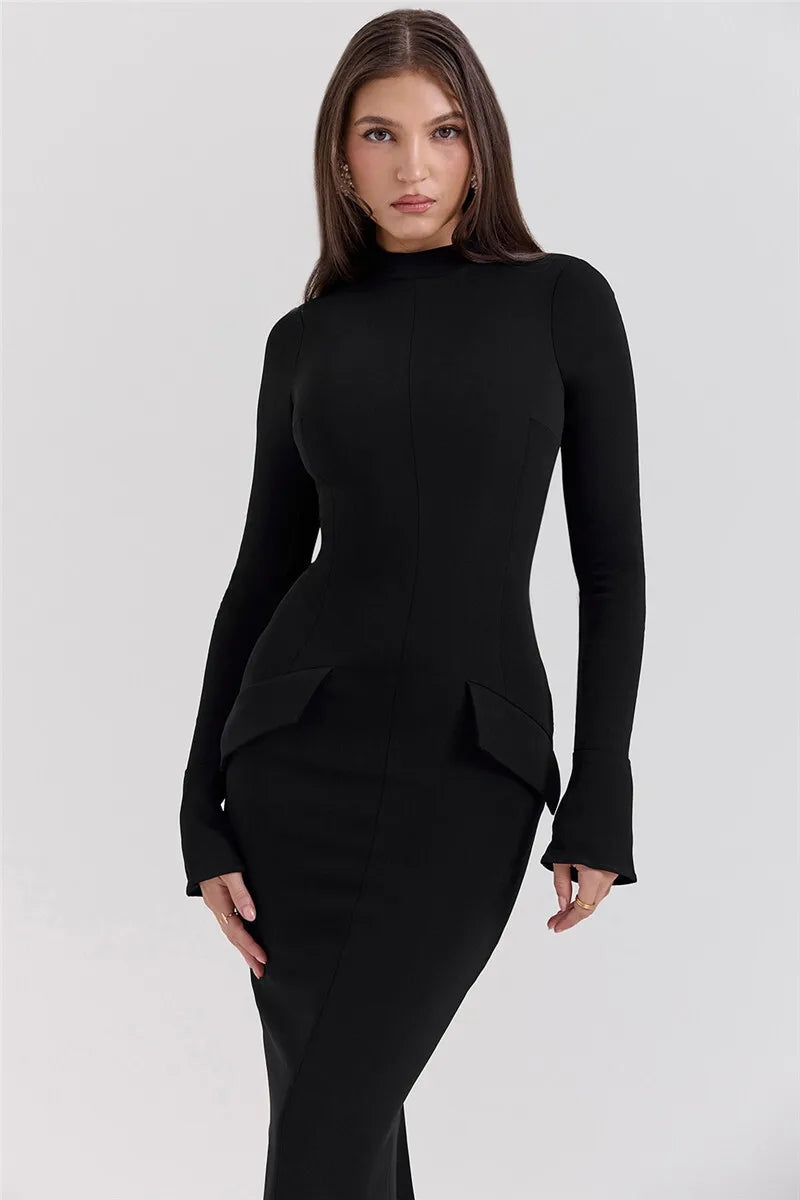 Mozision Black Long Sleeve Sexy Maxi Dress For Women Autumn Winter
