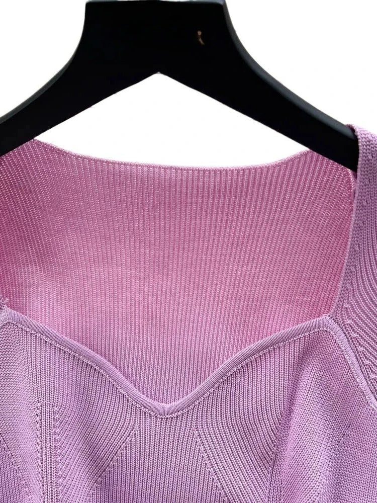 Purple Sexy Summer Knit Maxi Dress Women Short Sleeve Elastic Bodycon