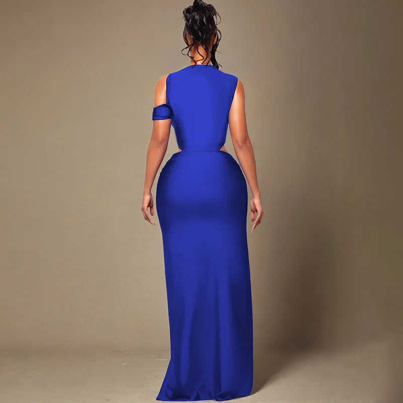 Women Solid Twist Hollow Out Patchwork High Split Bodycon Maxi Dress