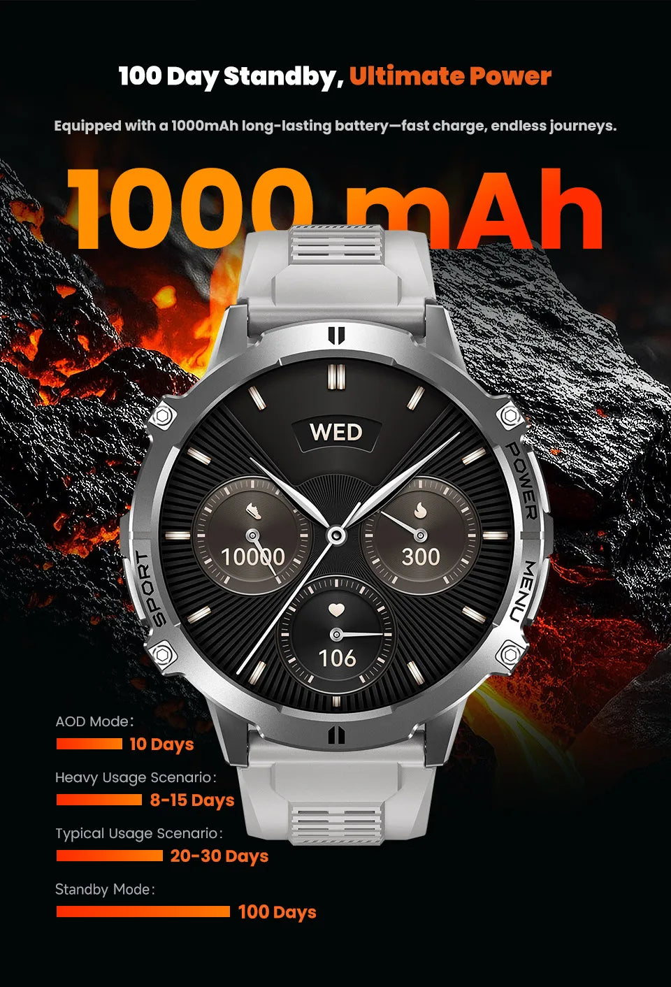 T-Rex 3 Military Grade 1000mAh Battery Smart Watch 10ATM Waterproof