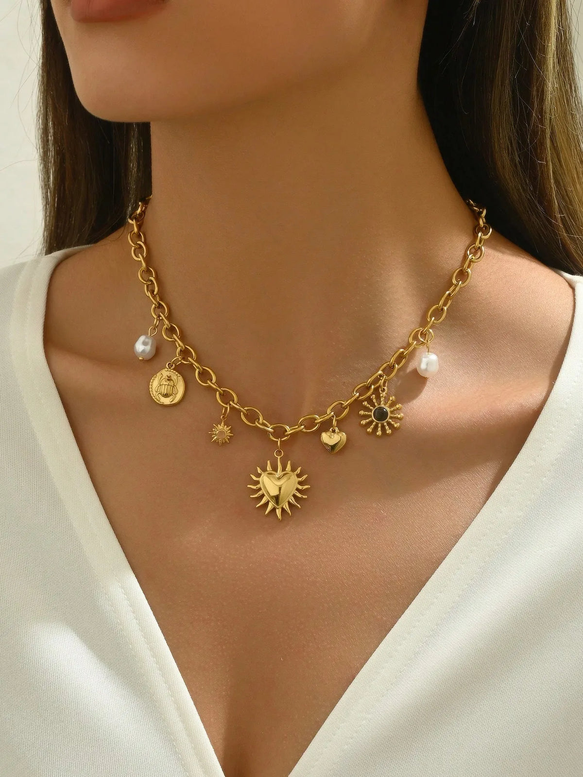 Glamorous Gold Chunky Chain Necklace With Heart, Sun & Moon Charms