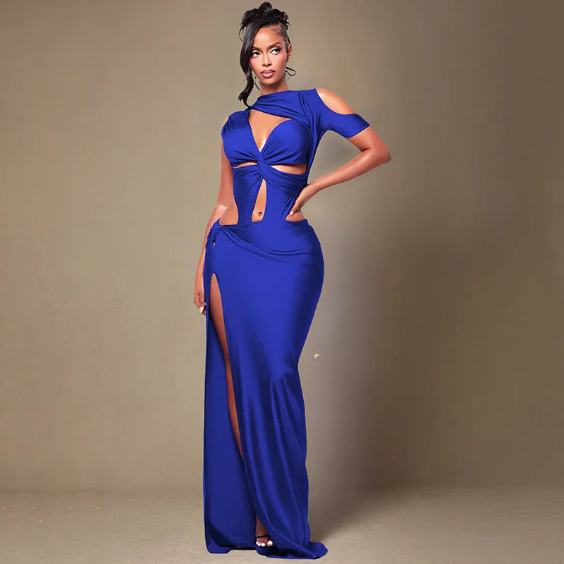 Women Solid Twist Hollow Out Patchwork High Split Bodycon Maxi Dress