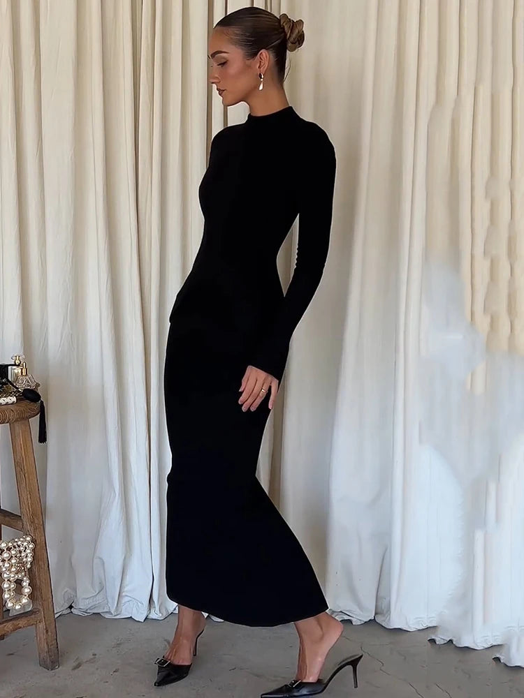 Mozision Black Long Sleeve Sexy Maxi Dress For Women Autumn Winter