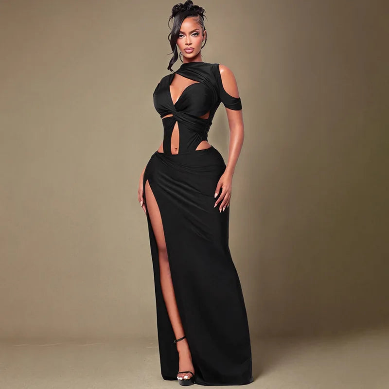 Women Solid Twist Hollow Out Patchwork High Split Bodycon Maxi Dress