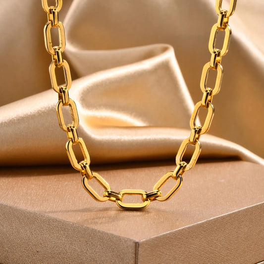 Chunky Gold Plated Link Necklace For Women, Stainless Steel Oval
