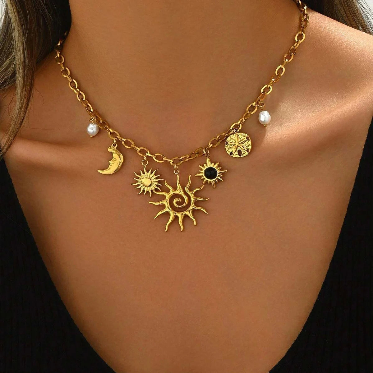 Glamorous Gold Chunky Chain Necklace With Heart, Sun & Moon Charms