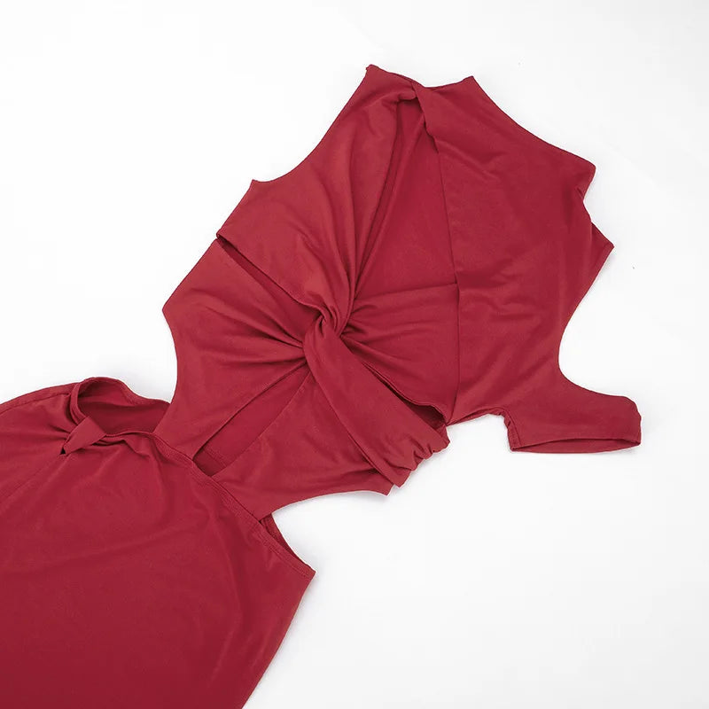 Women Solid Twist Hollow Out Patchwork High Split Bodycon Maxi Dress