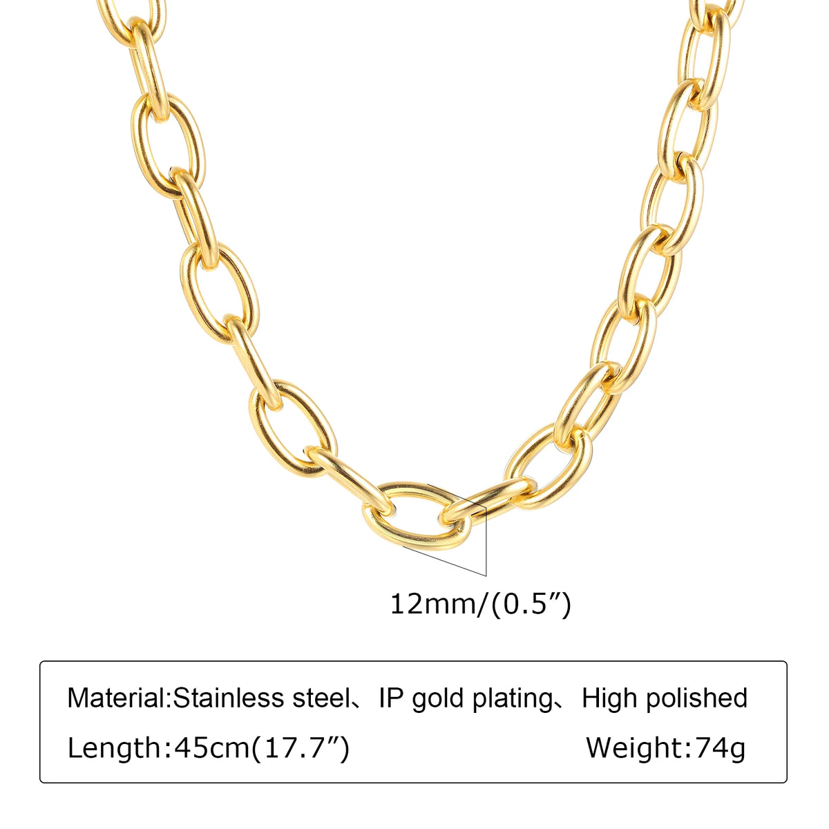 Chunky Gold Plated Link Necklace For Women, Stainless Steel Oval