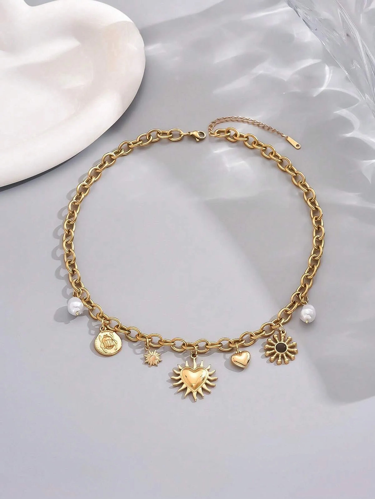 Glamorous Gold Chunky Chain Necklace With Heart, Sun & Moon Charms