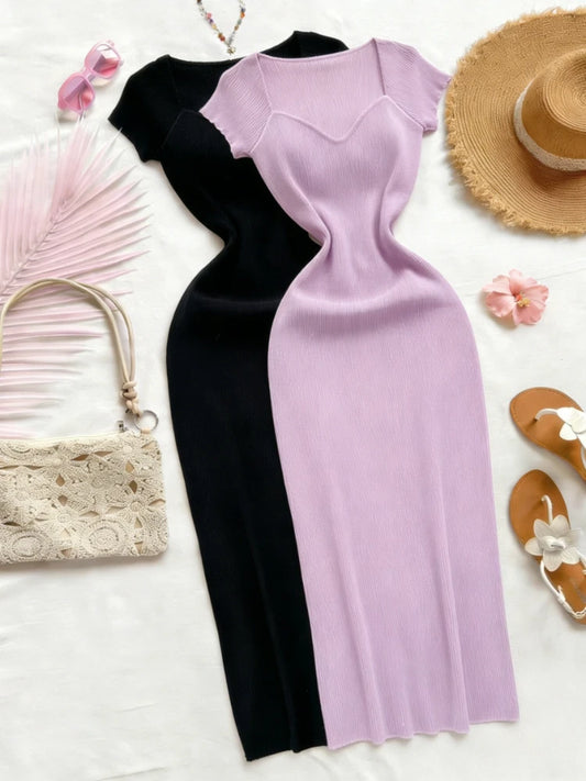 Purple Sexy Summer Knit Maxi Dress Women Short Sleeve Elastic Bodycon