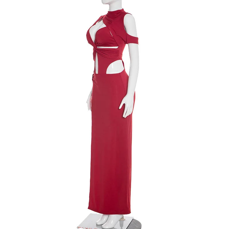 Women Solid Twist Hollow Out Patchwork High Split Bodycon Maxi Dress