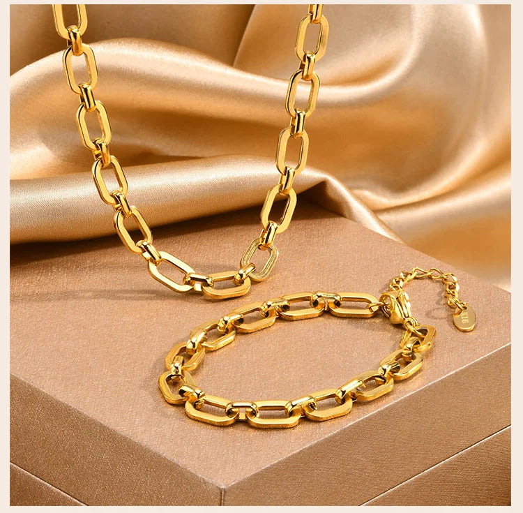 Chunky Gold Plated Link Necklace For Women, Stainless Steel Oval