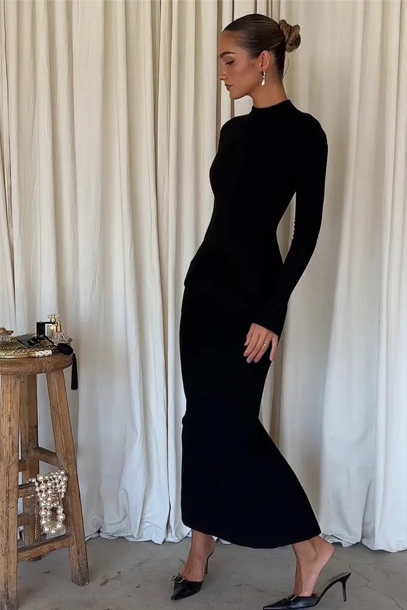 Mozision Black Long Sleeve Sexy Maxi Dress For Women Autumn Winter