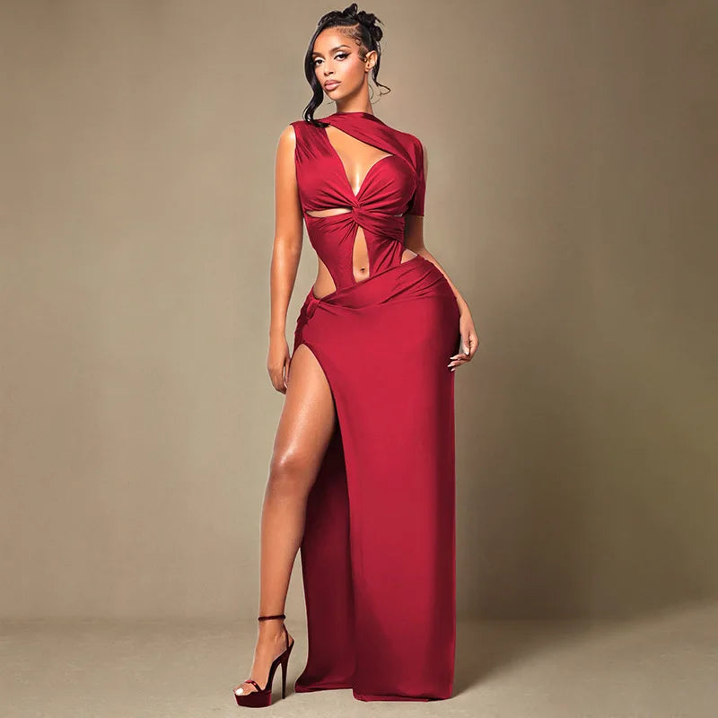 Women Solid Twist Hollow Out Patchwork High Split Bodycon Maxi Dress