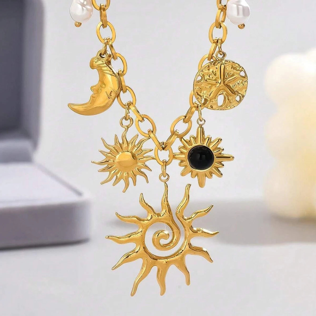 Glamorous Gold Chunky Chain Necklace With Heart, Sun & Moon Charms